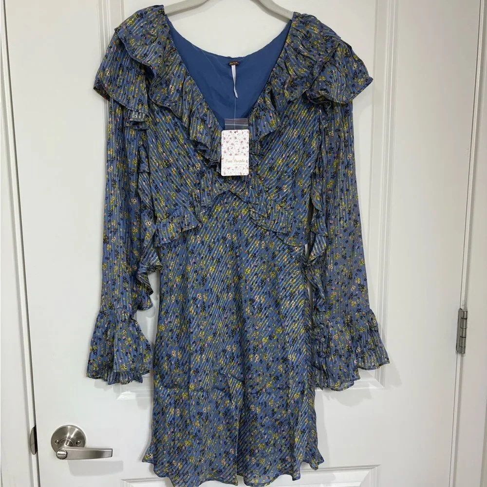 NWT Free People Blue Floral Ruffle Mini Dress Long Bell Sleeves Size 4